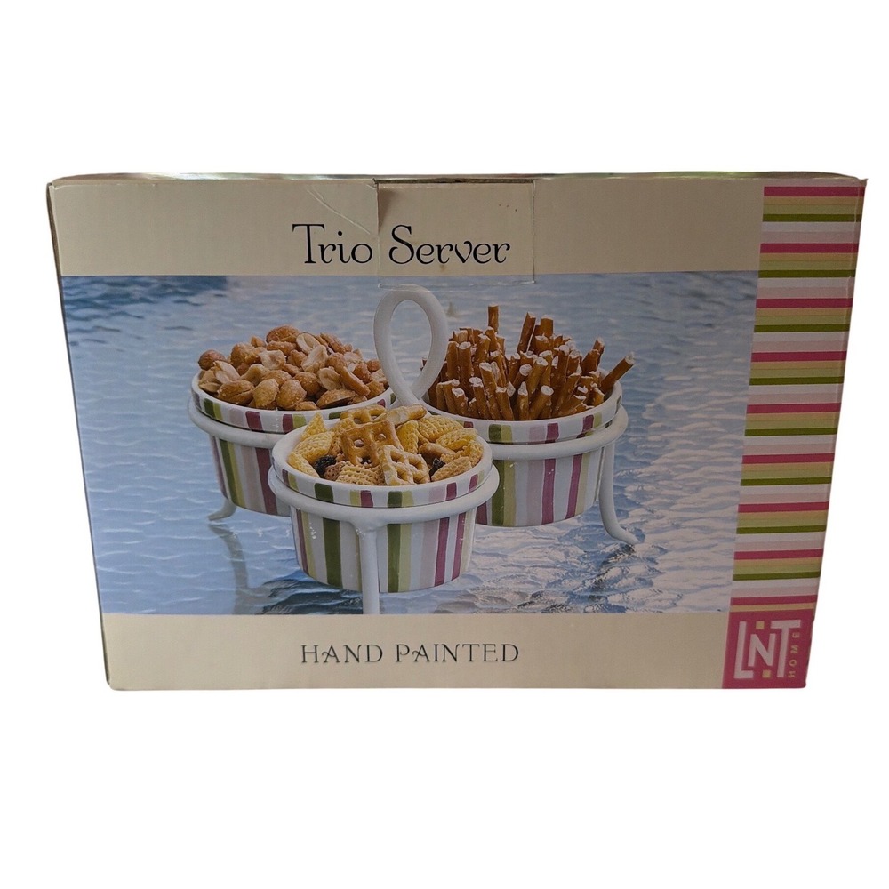Linens-N-Things‎ Trio Server Hand Painted Ceramic Bowls Striped Snack Set Stand